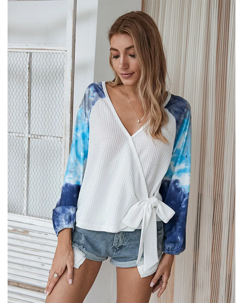Tie-dye V-neck Cross Strappy Casual Tops