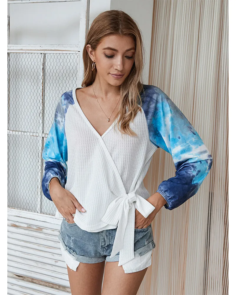 Tie-dye V-neck Cross Strappy Casual Tops