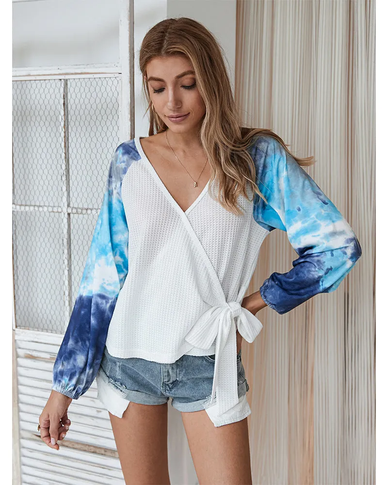 Tie-dye V-neck Cross Strappy Casual Tops