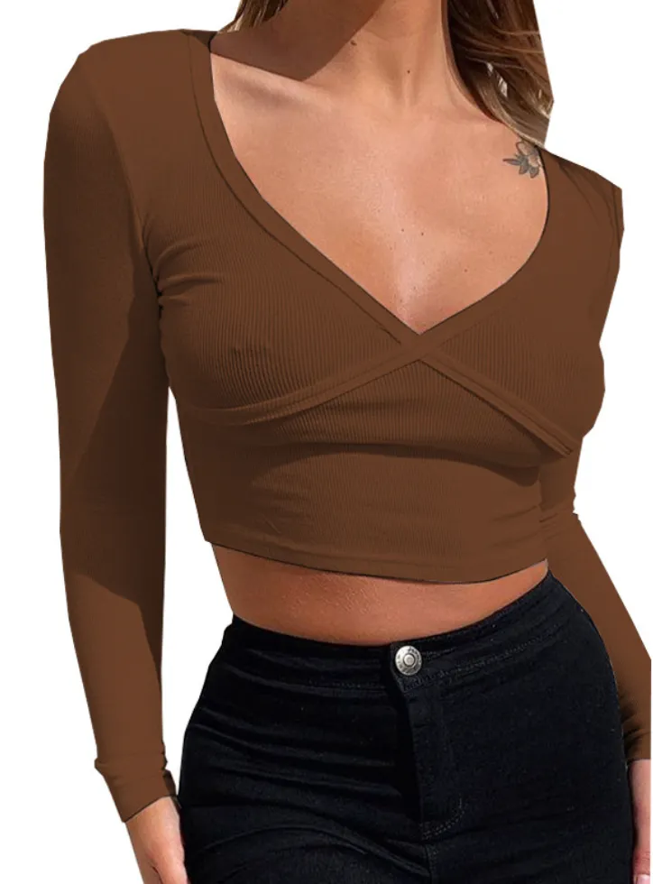 V-neck long-sleeved sexy tight-fitting tops
