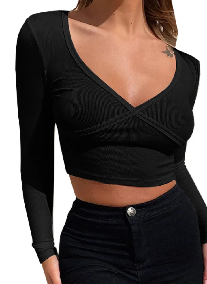 V-neck long-sleeved sexy tight-fitting tops