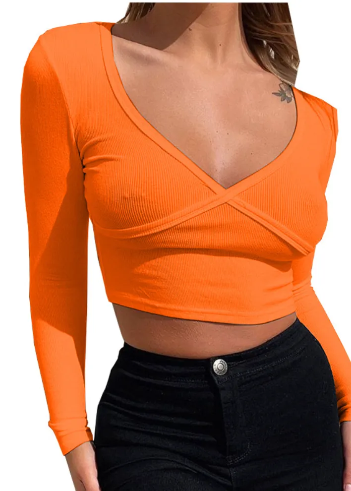 V-neck long-sleeved sexy tight-fitting tops