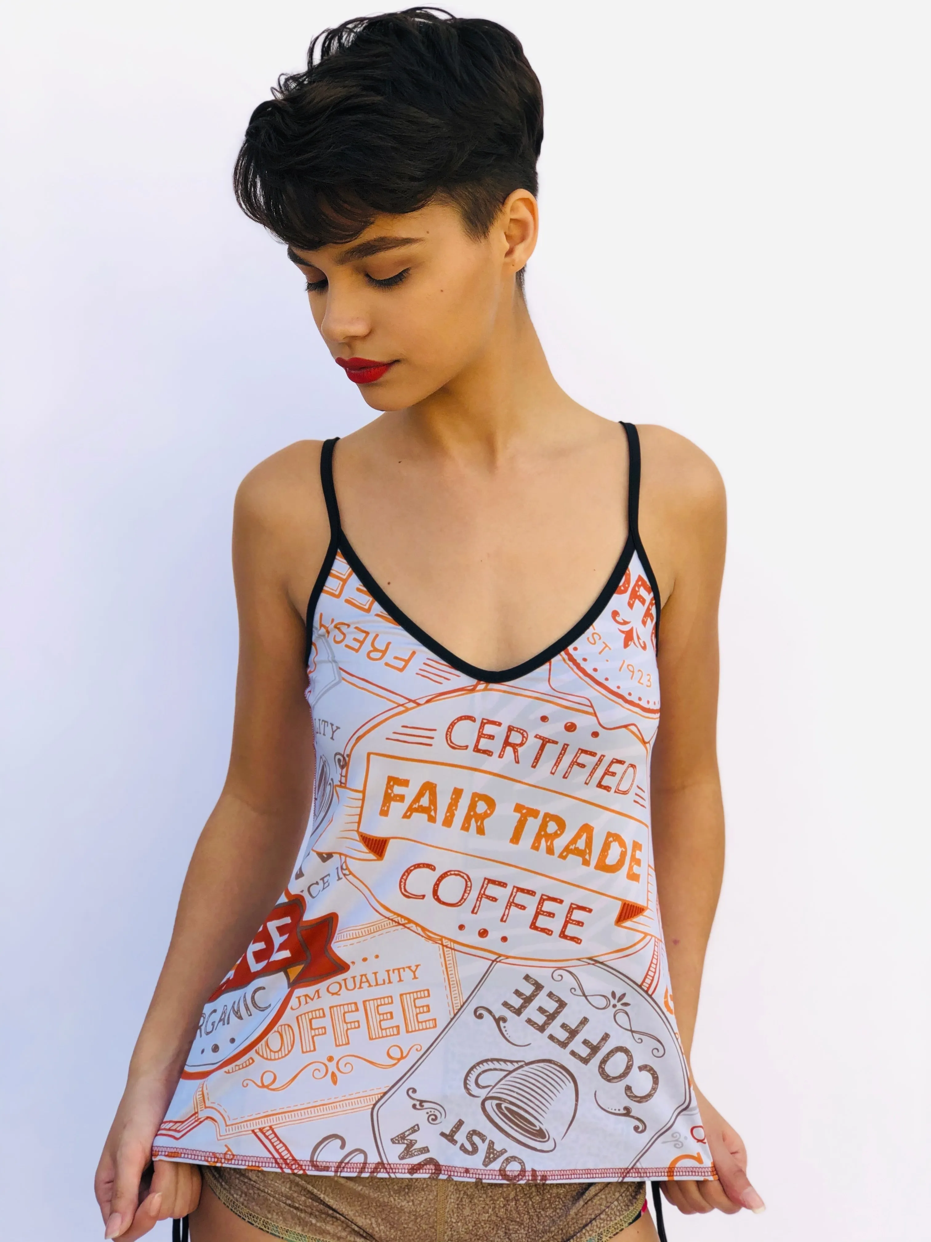 V NECK SPAGHETTI STRAP TOP COFFEE/ANIMAL PRINT