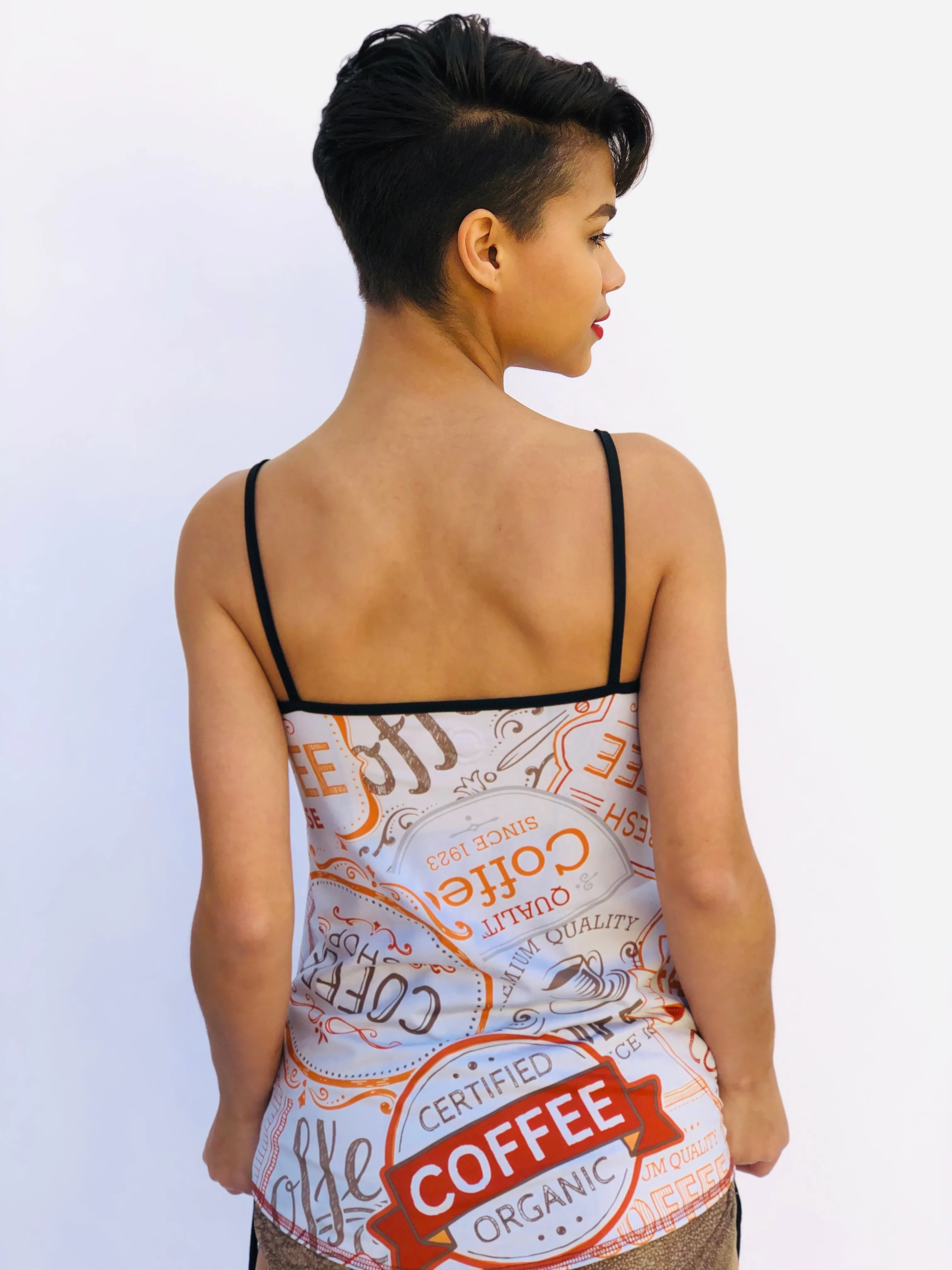 V NECK SPAGHETTI STRAP TOP COFFEE/ANIMAL PRINT