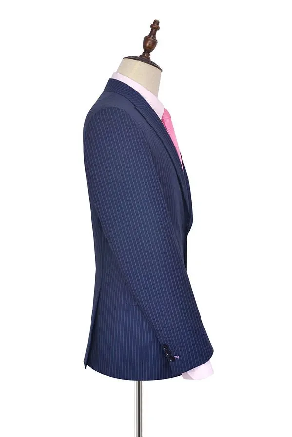 Vertical Stripes Peak Lapel Mens Suits for Business Two Buttons Navy Blue Suits for Men