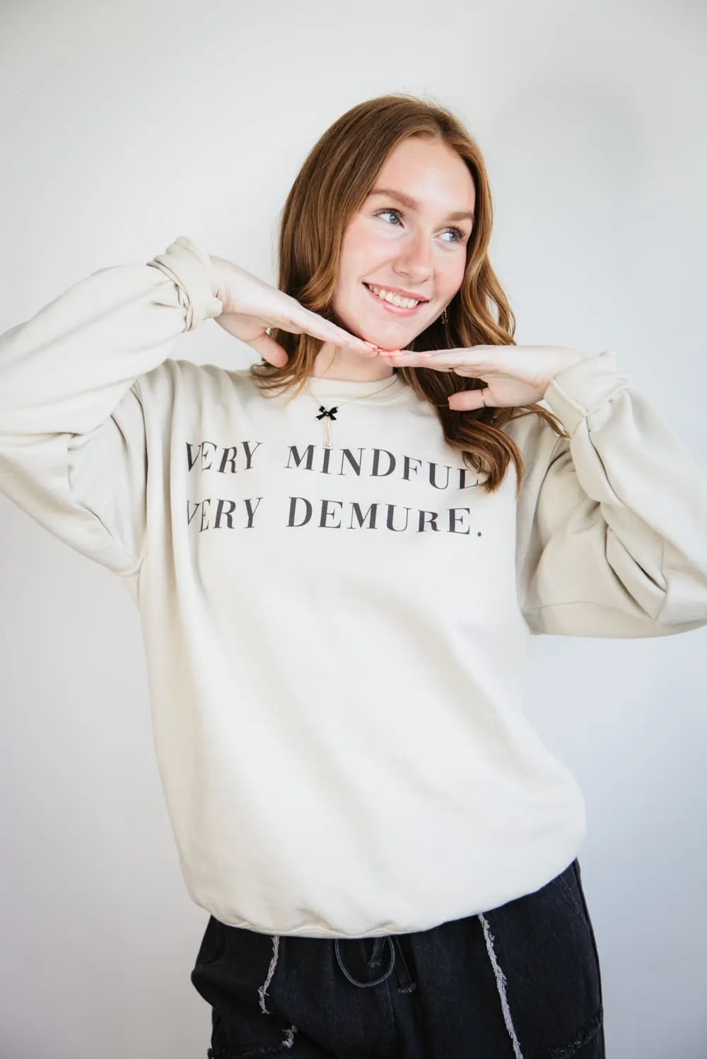 Very Mindful Very Demure Graphic Fleece Sweatshirt for Women in Sand | 32264X-OSS-SAND
