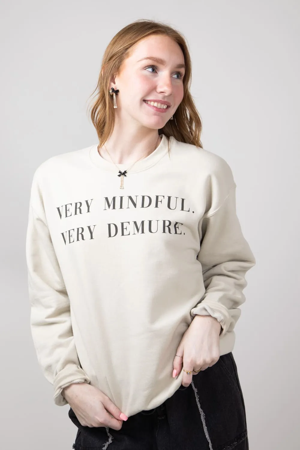 Very Mindful Very Demure Graphic Fleece Sweatshirt for Women in Sand | 32264X-OSS-SAND