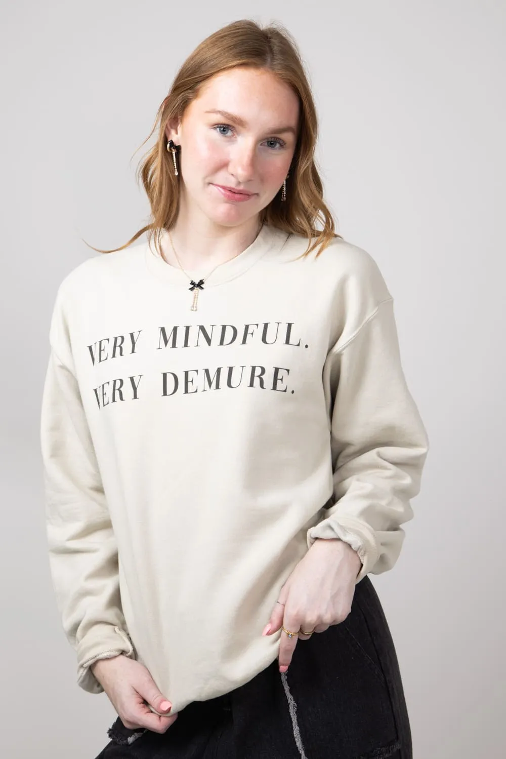 Very Mindful Very Demure Graphic Fleece Sweatshirt for Women in Sand | 32264X-OSS-SAND