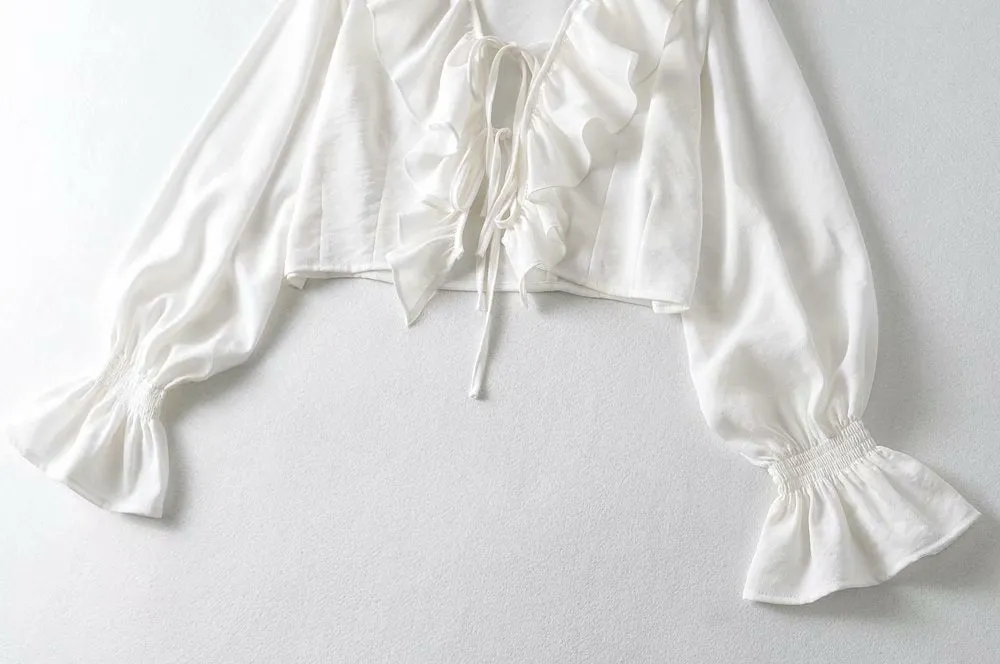 Women Long Flare Sleeve Ruffle Lace T Shirt