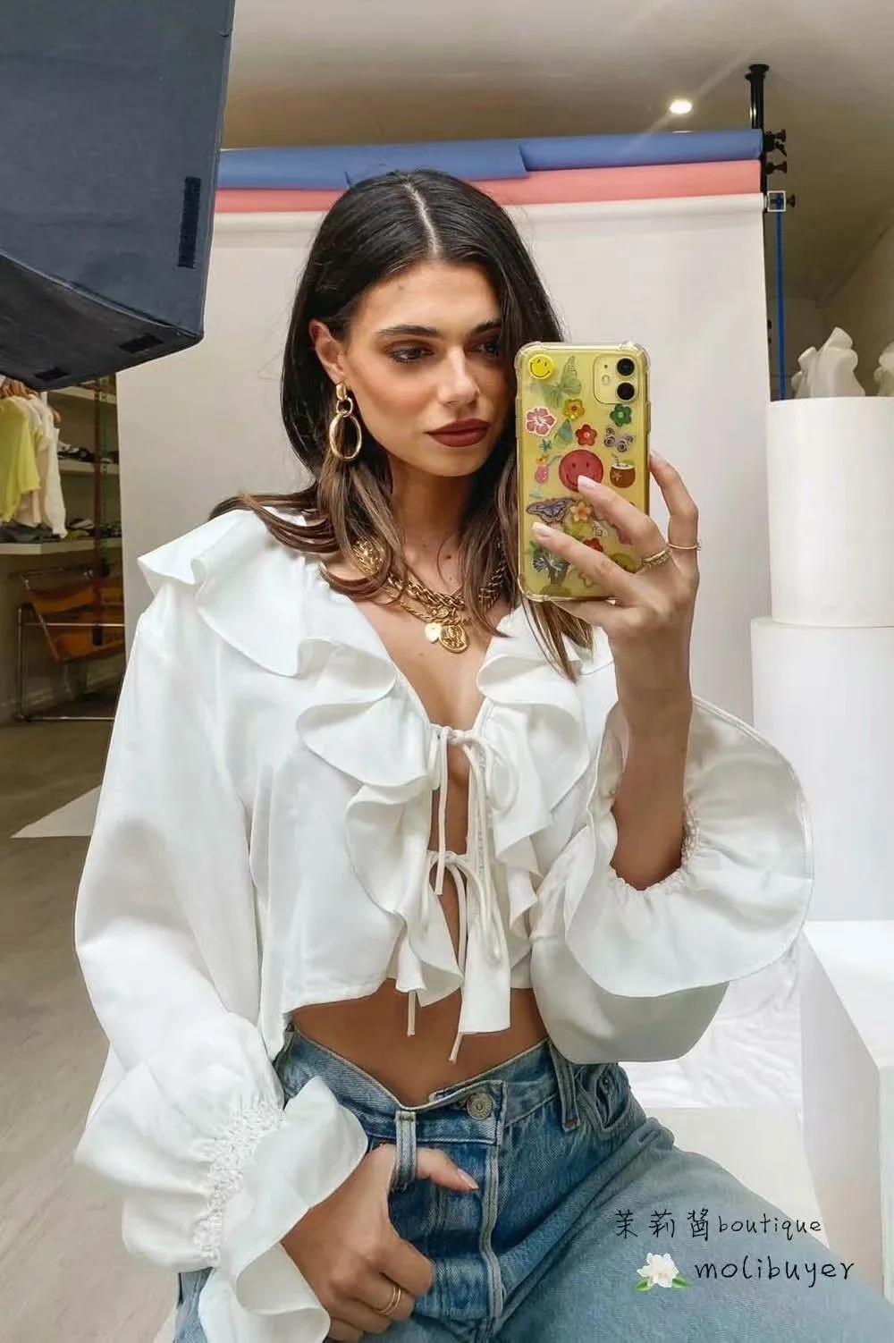 Women Long Flare Sleeve Ruffle Lace T Shirt