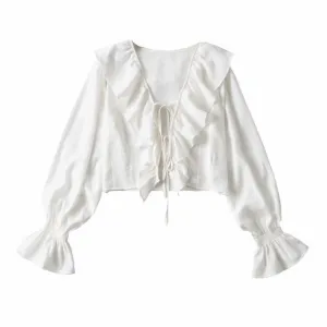 Women Long Flare Sleeve Ruffle Lace T Shirt