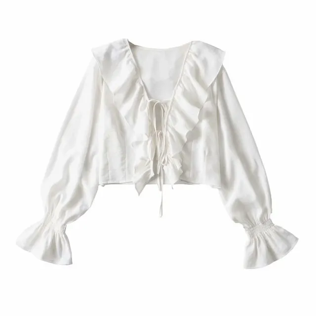 Women Long Flare Sleeve Ruffle Lace T Shirt